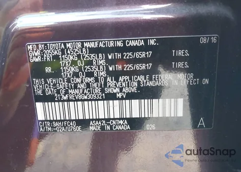 2016 Toyota Rav4 Xle from USA, damaged, VIN 2T3WFREV8GW309321